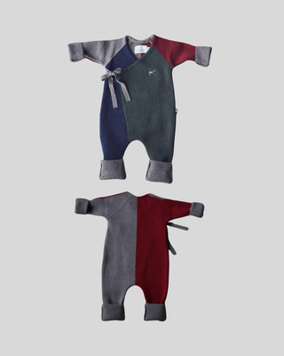 Merino Baby-Wollanzug zum Wickeln mit Hunde-Stickerei Color Block